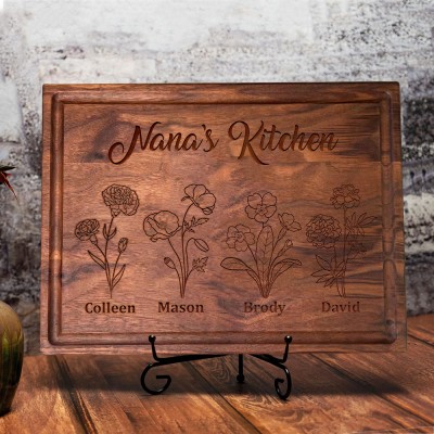 Custom Nana's Kitchen Birth Flower Cutting Board with Grandkids Names Unique Gifts for Mom Grandma