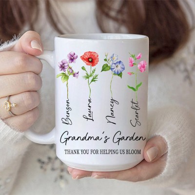 Custom Grandma's Garden Birth Month Flower Mug with Grandkids Names Mother's Day Gift Ideas Keepsake Gift For Mom Grandma