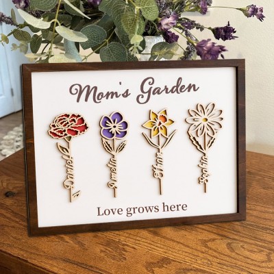 Custom Mom's Garden Birth Month Flower Frame Wooden Sign Family Gift For Mom Grandma Mother's Day Gift Ideas