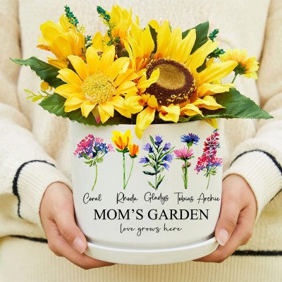 Custom Mom's Garden Birth Flower Outdoor Plant Pot with Kids Names Mother's Day Gift Ideas New Mom Gifts