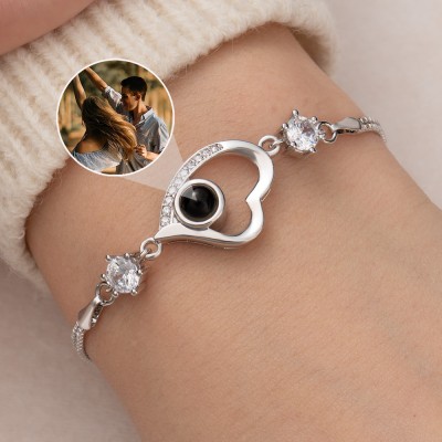 Sterling Silver Personalized Heart Photo Projection Bracelet Valentine's Day Gift Ideas for Soulmate