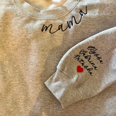 Custom Mama Embroidered Sweatshirt Hoodie with kids Names On Sleeve Mother's Day Gift