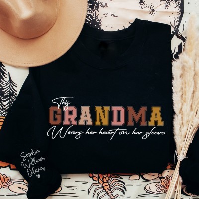 Custom Grandma Wear Heart On Sleeve Sweartshirt Hoodie Unique Mother's Day Gift Ideas