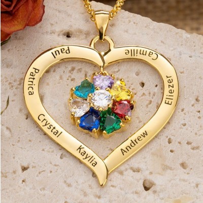 Personalized Heart Shaped Family Names Necklace With 1-8 Birthstones Unique Gift For Mom Grandma