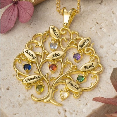 Personalized 1-7 Birthstones Family Tree Necklace With Engraved Kids Names Mother's Day Gift Ideas