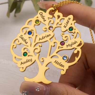 Personalized Engraved Names Family Tree Necklace With 1-15 Birthstones Unique Gifts For Mom Grandma 