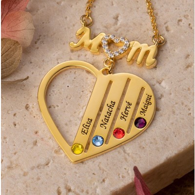 Personalized Heart Shaped Mom Necklace With Engraved Names And Birthstones Family Gifts Ideas