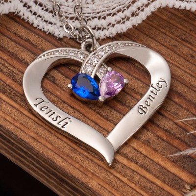 Personalized Couple Heart Name Necklace with Birthstone Design Anniversary Gifts Love Gifts for Soulmate