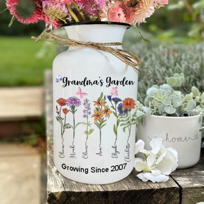 Personalized Grandma's Garden Birth Flower Vase with Kids Names Mother's Day Gift 