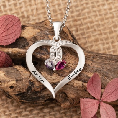 Custom Heart 2 Names Necklace with Birthstones Designs Unique Gifts for Wife Anniversary Gift Ideas