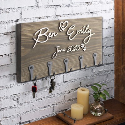 Engraved Wood Key Holder with Hooks Personalized New Home Gifts for Couple Wedding Gift