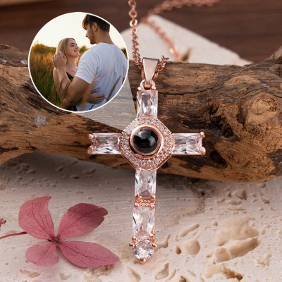 Custom Diamonded Cross Pendant Projection Necklace With Picture Inside Couple Gifts Anniversary Gifts For Her