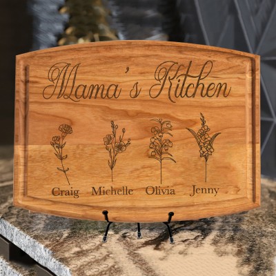 Custom Nana's Kitchen Birth Flower Cutting Board with Grandkids Names Unique Gifts for Mom Grandma