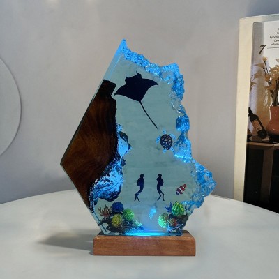 Night Light Manta Rays and Couple Diver Resin Wood Lamp Christmas Gift Birthday Gift Ideas