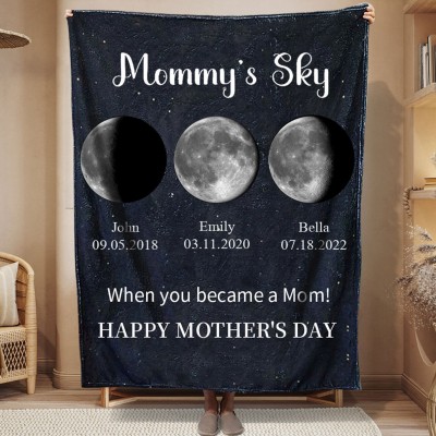 Personalized Mommy's Sky Moon Phase Blanket With Kids Names and Date Perfect Gift For Mom Family Gift Ideas