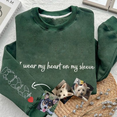 I Wear My Heart on My Sleeve Custom Embroidered Pet Ears Outline Sweatshirt Hoodie Gifts for Dog Lover