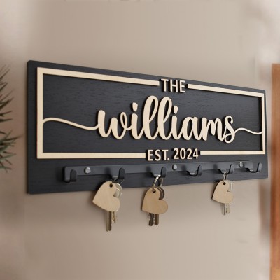 Personalized Family Name Engraved Wood Key Holder with Hooks New Home Gift Wedding Gift