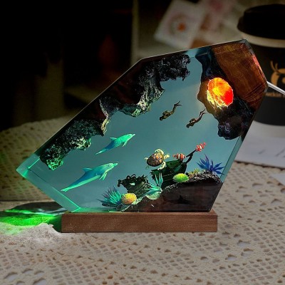 Dolphin and Turtle Couple Divers Resin Wood Lamp Christmas Gifts Birthday Gift Ideas