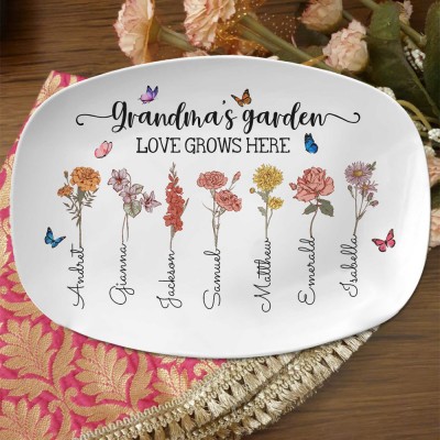 Personalized Mom's Garden Birth Month Flower Platter with Kids Names New Mom Gift Mother's Day Gifts for Mom Grandma