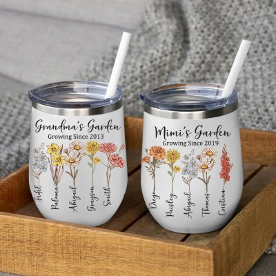 Personalized Mom's Garden Love Grows Here Birth Flower Wine Tumbler Gift Ideas for Mom Grandma Mother's day Gifts