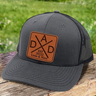 Custom Dad Real Leather Patch Hat With Date And Kids Names New Dad Gift Ideas Meaningful Gift for Papa