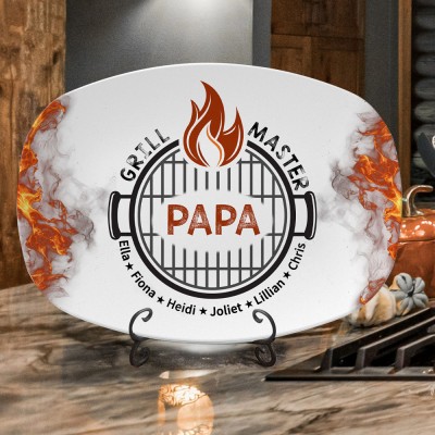 Custom Art Print Papa Grill Master Plate With Kids Names Father's Day Gifts Family Gift For Dad