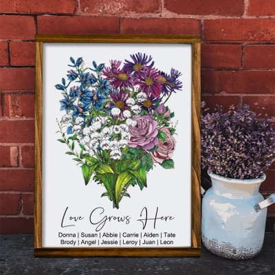 Personalized Mom's Garden Birth Flowers Bouquet Family Frame Sign Heartful Gift for Mom Grandma Mother's Day Gift Ideas