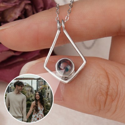 Custom Geometric Pendant Projection Necklace with Picture Inside Anniversary Gifts For Couple