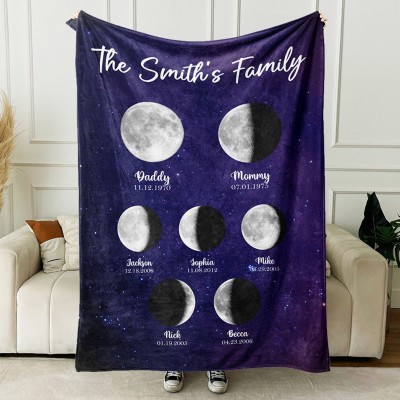 Personalized Moon Phase Family Blanket with Kids Names Family Keepsake Gifts