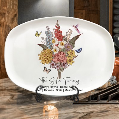 Personalized Mom's Garden Birth Flower Bouquet Platter Plate Keepsake Gift Ideas For Mom Grandma Mother's Day Gift