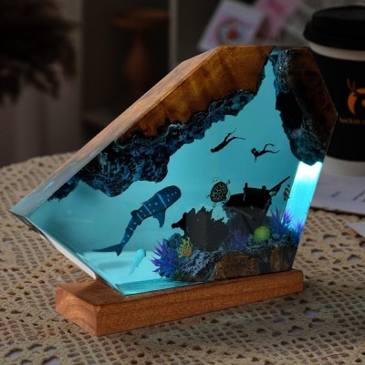 Epoxy Ocean Couple Diver Resin Night Light Resin Wood Lamp Birthday Gift Christmas Gift Ideas