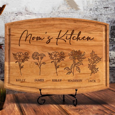 Custom Mama's Kitchen Birth Month Flower Cutting Board with Kids Names Gifts for Grandma Mom