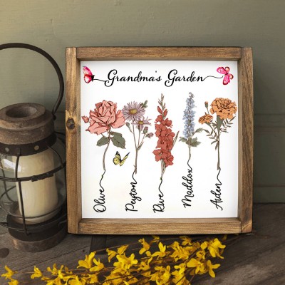 Personalized Mom's Garden Birth Month Flowers Wooden Frame Sign Gift For Mom Grandma Mother's Day Gift