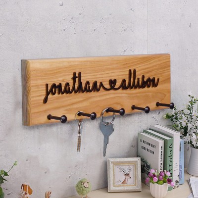 Personalized Name Engraved Wood Key Holder with Hooks New Home Gift for Couple Wedding Gift