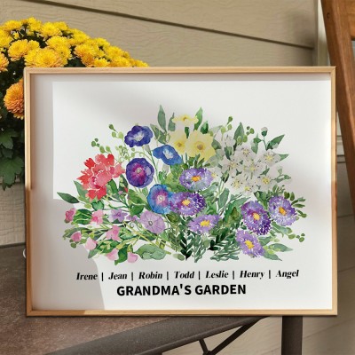 Personalized Nana's Garden Birth Flower Bouquet Frame with Kids Names Gifts for Mom Grandma Christmas Gift