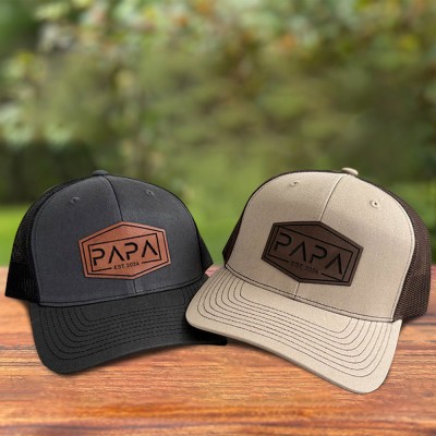 Personalized Papa Real Leather Patch Hat With Date Keepsake Gift for Dad New Papa Gift Ideas