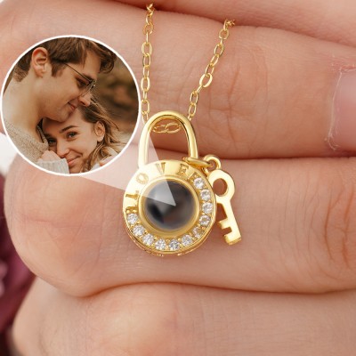 Personalized Lock Key LOVE Pendant Photo Projection Necklace Unique Gifts For Couple Anniversary Gift For Her