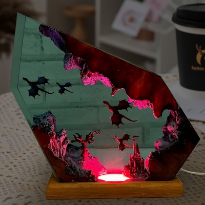 Fire Dragon and Ice Dragon Resin Wood Lamp Night Light Keepsake Gift Christmas Gift Ideas