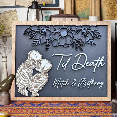 Personalized 'Til Death Skeleton Wood Sign Spooky Couples Gifts Unique Halloween Decor