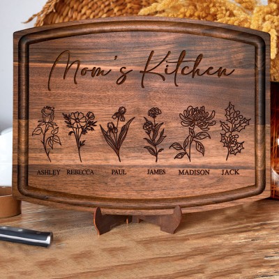 Custom Mama's Kitchen Birth Month Flower Cutting Board with Kids Names Family Gifts for Mom Grandma