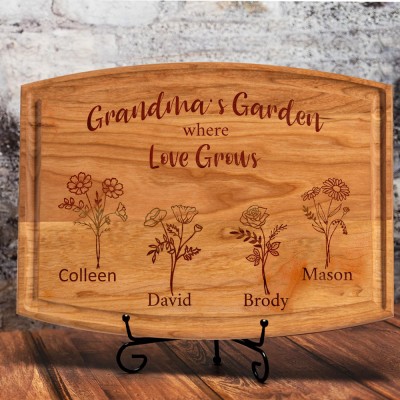 Custom Grandma's Garden Where Love Grows Birth Month Flower Cutting Board with Kids Names Gifts for Grandma Mom