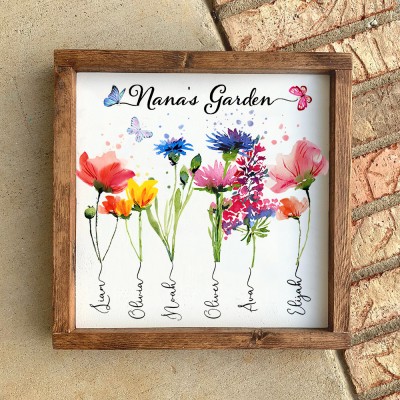 Personalized Mom's Garden Birth Flower Wood Frame Sign with Kids Names Unique Gifts for Mom Grandma Mother's Day Gift Ideas