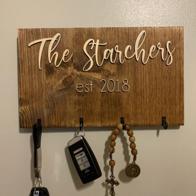 Personalized Family Name Engraved Wood Key Holder with Hooks New Home Gift Wedding Gift