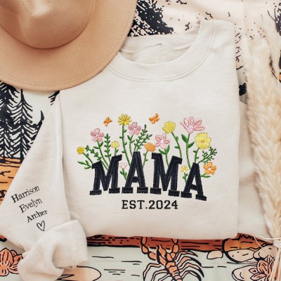 Personalized Mama Embroidered Sweatshirt Hoodie with Names On The Sleeve Mother's Day Gift 