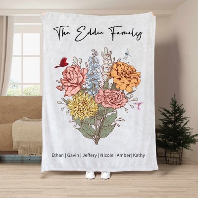 Personalized Mom's Garden Birth Flower Bouquet Family Blanket Gifts For Mom Grandma Mother's Day Gift