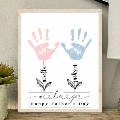 Custom DIY Handprint Wooden Frame Sign With Kids Names Happy Father's Day Gifts