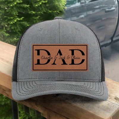 Personalized Dad Real Leather Patch Hat With Kids Names Unique Keepsake Gift for Dad