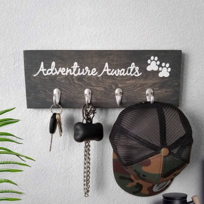 Custom Adventure Awaits Wood Key Holder with Hooks Dog Leash Holder Housewarming Gifts for Couple Wedding Gift