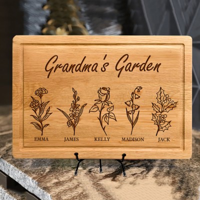 Personalized Mama's Garden Birth Month Flower Cutting Board with Kids Names Gifts for Grandma Mom