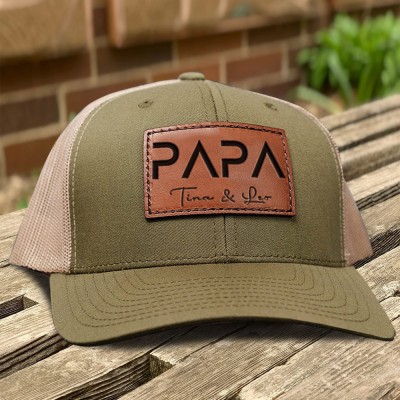 Personalized Papa Real Leather Patch Hat With Kids Names New Dad Gift Ideas Unique Gift for Dad